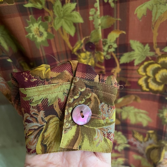 JAEGER Vintage Grate Britain 💯 Wool Brown Checked Floral Shirt Blouse Button Up - Picture 7 of 14